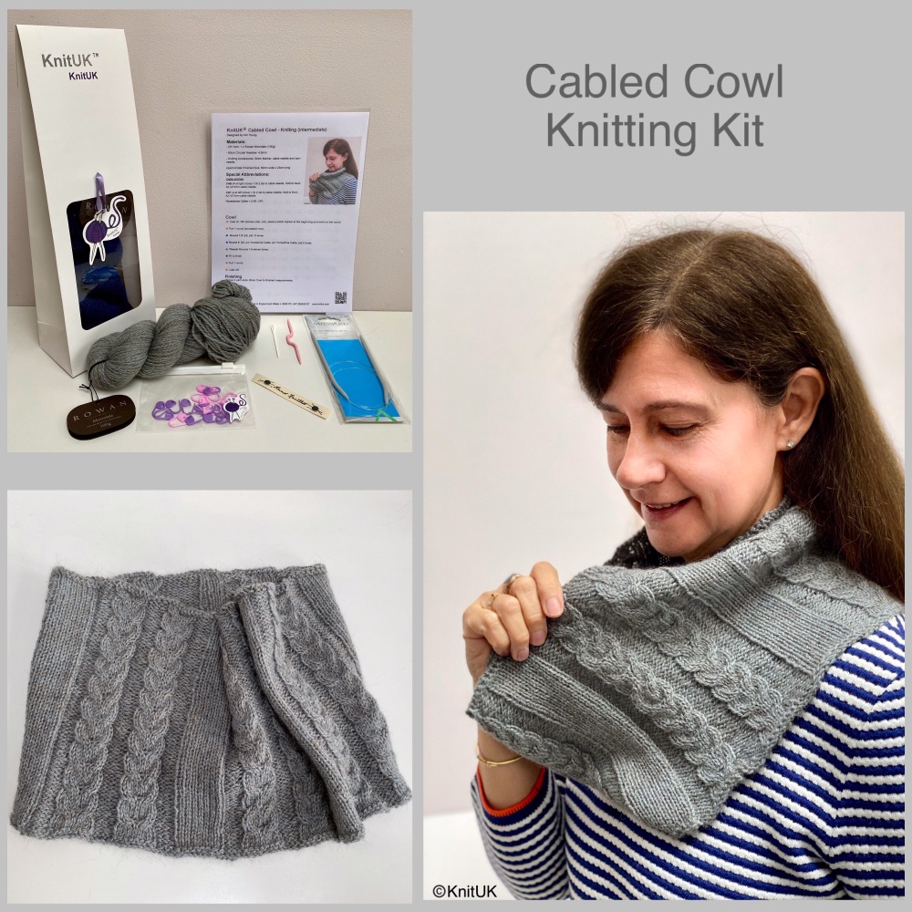 Knituk cabled cowl knitting kit model cowl contents box