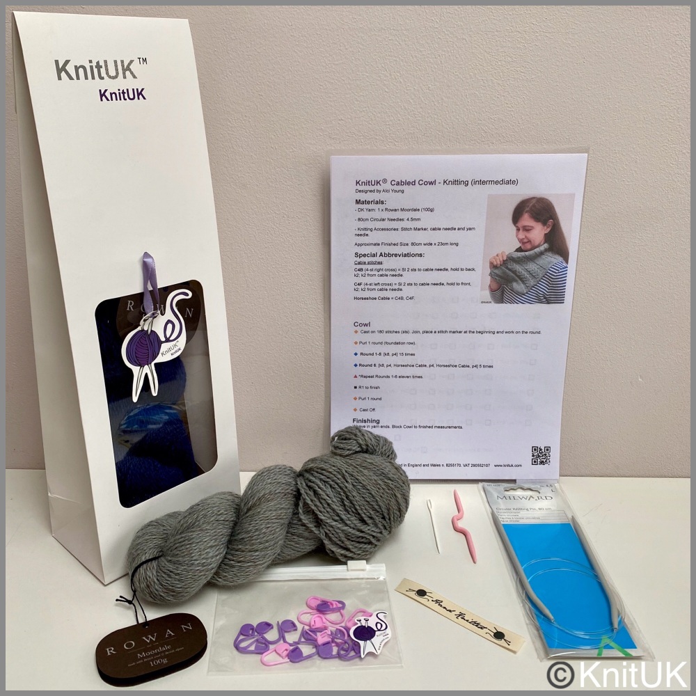 Knituk cabled cowl knitting kit contents rowan moordale dk wool alpaca yarn