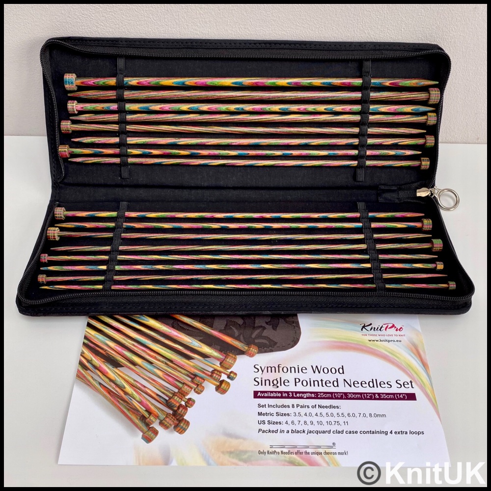 KnitPro Symfonie Single-Ended Knitting Pins Set. 35cm Knitting Needles Set of 8 pairs. Wood.