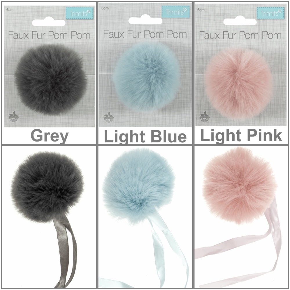 Trimits medium faux fur 6cm pom pom grey light blue pink