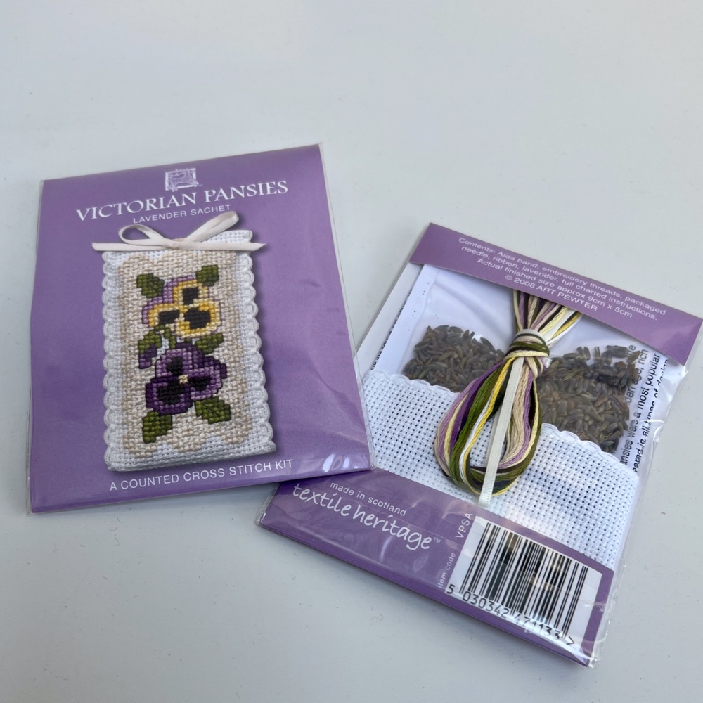 SACHET Victorian Pansies. Cross Stitch Kit by Textile Heritage (Made in UK).
