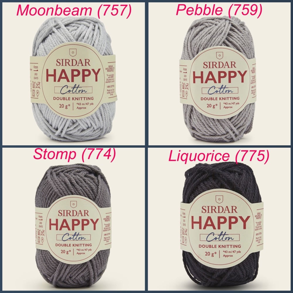 Sirdar Happy cotton dk yarn moonbeam pebble stomp liquorice colours