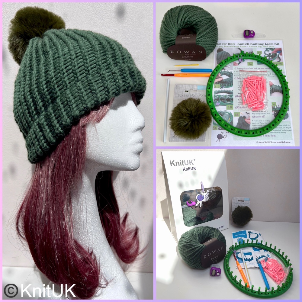 KnitUK Knitting Loom Kit hat for her rowan big wool yarn fur pompom