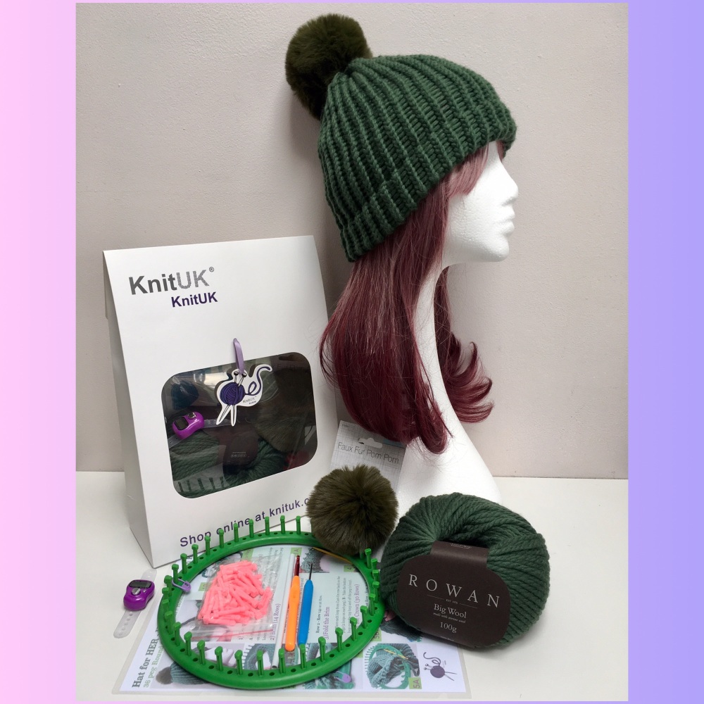 KnitUK Knitting Loom Kit Hat for Her Rowan Big Wool Yarn pompom fur