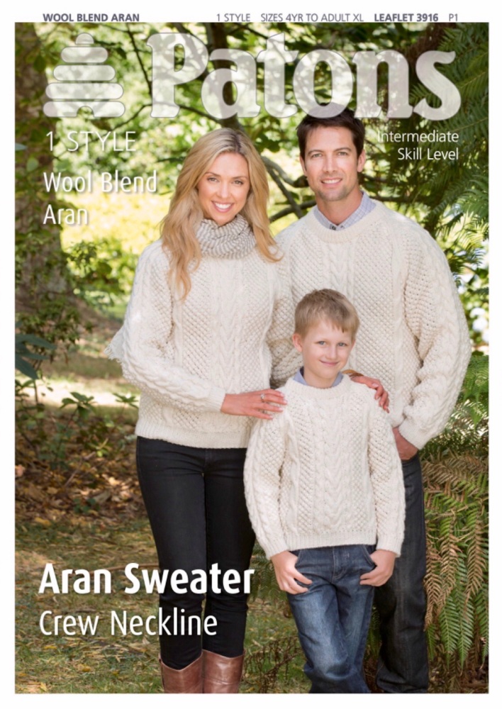 Patons Family Aran Sweater - Crew Neckline. 1 Style in Wool Blend Aran. Leaflet 3916. Knitting.
