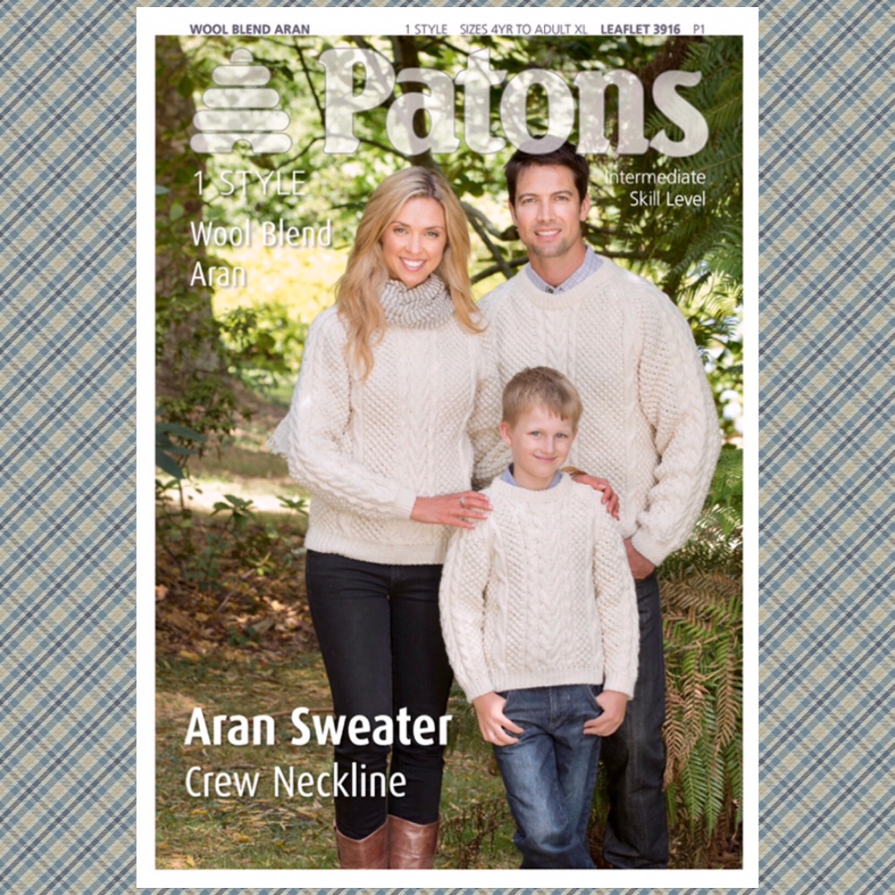 Patons aran sweater crew neckline in wool blend aran leaflet 3916 knitting