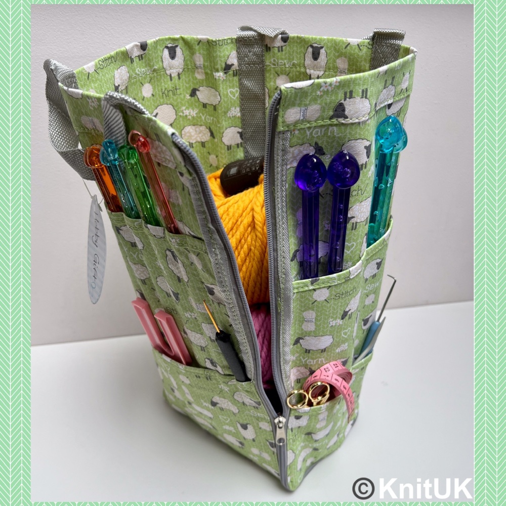 Hobby gift reversible knitting bag with pin storage outside