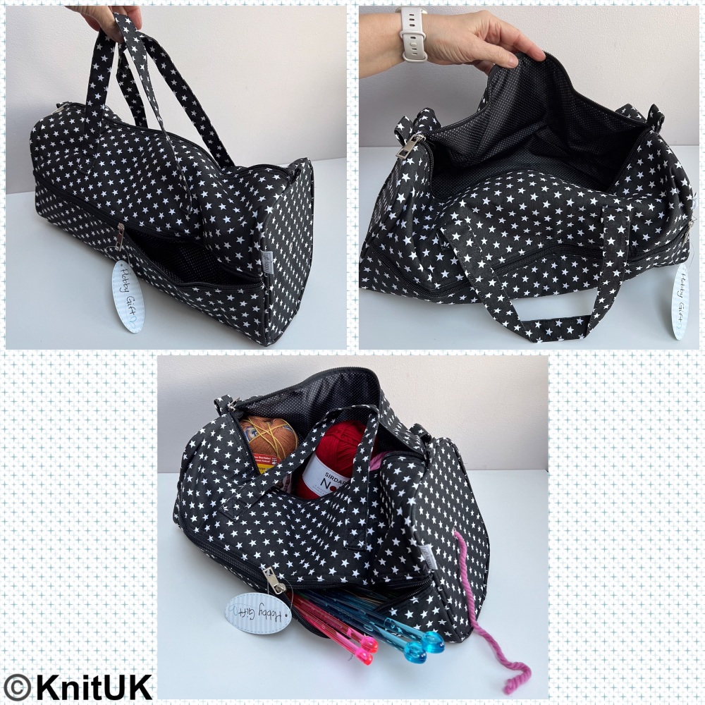 Hobby Gift knitting bag black with stars empty and yarn and needles