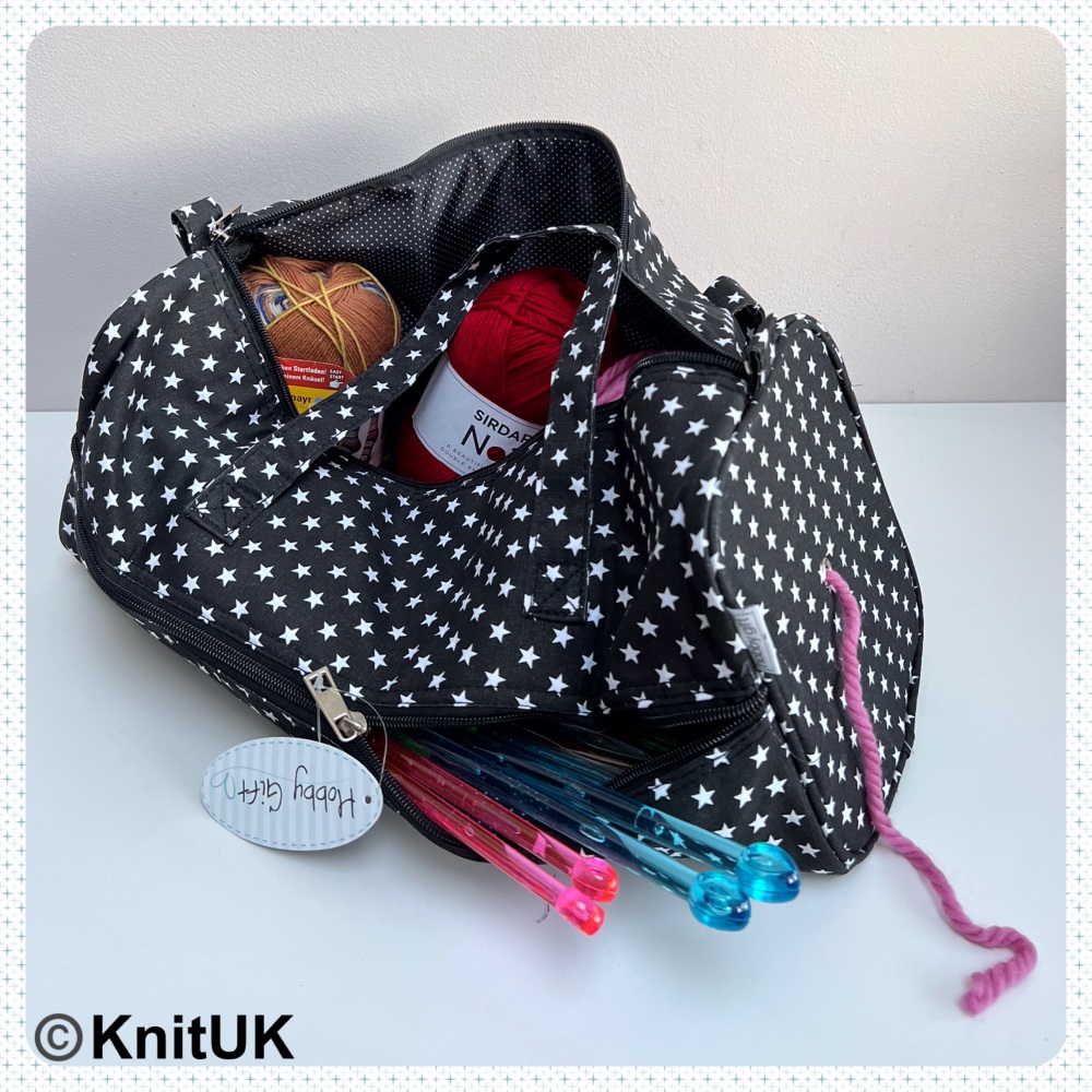 Hobby Gift knitting bag black with stars with wool yarn and needles