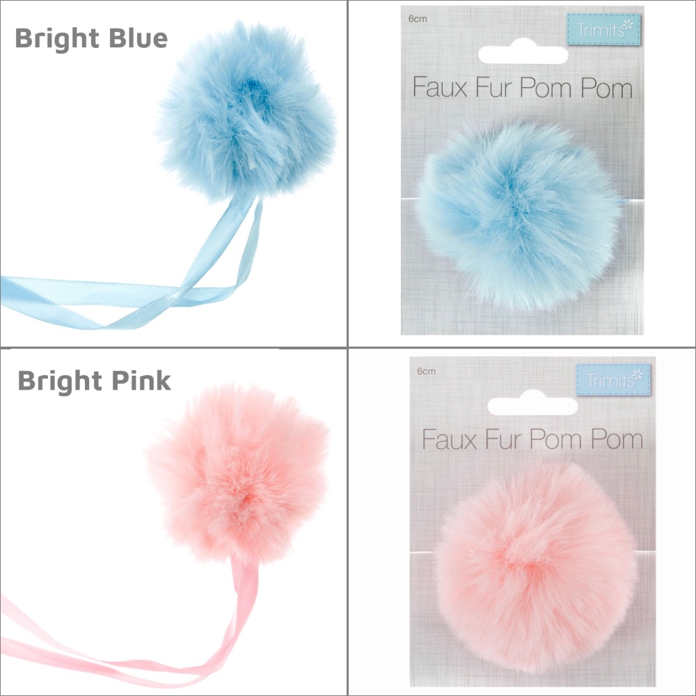 Trimits 6cm faux fur pompom bright blue pink