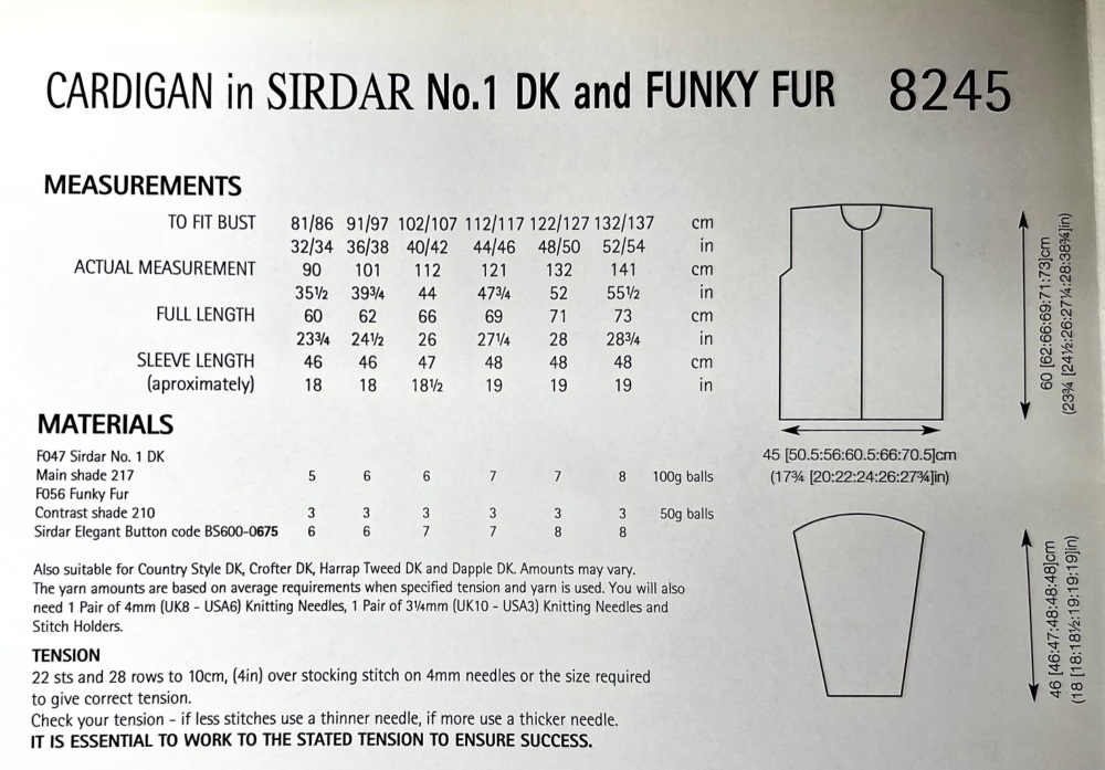 Sirdar Pattern: Cardigan in Sirdar No. 1 and Funky Fur. 8245 Leaflet (Knitting)