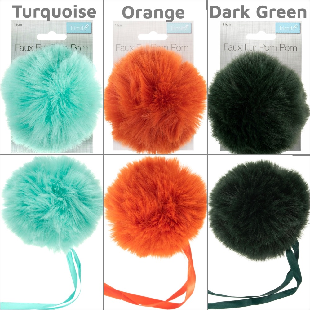 Trimits 11cm faux fur pompom turquoise orange dark green colour
