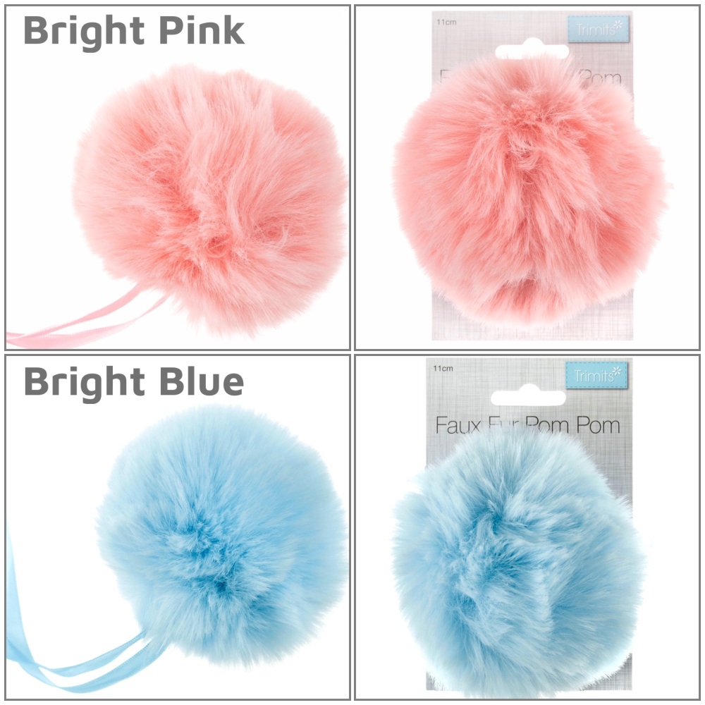 Trimits 11cm faux fur pompom bright pink and blue colour