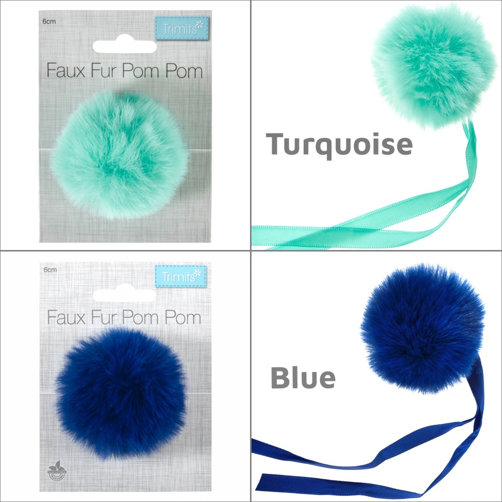 Trimits 6cm faux fur pompom blue and turquoise colours