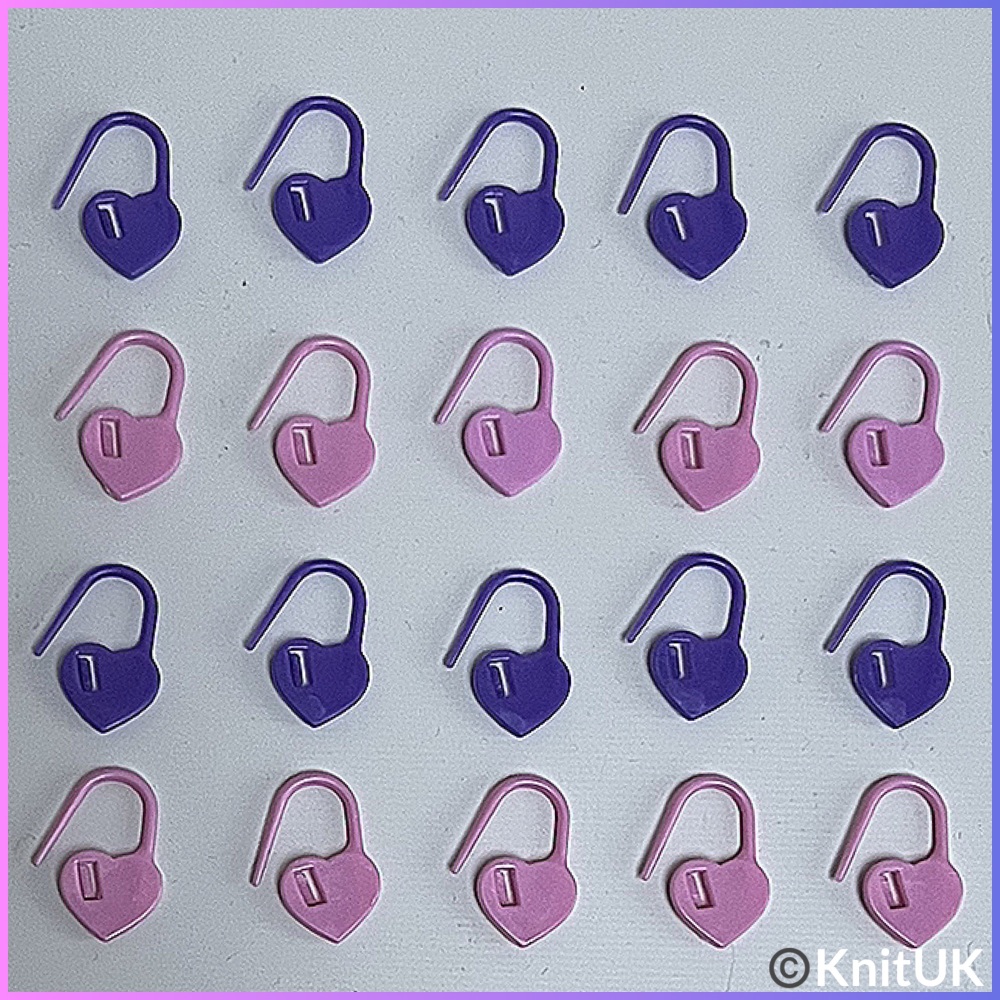 KnitUK Stitch Markers. Heart Locking Stitch Markers. Pink & Purple. Pack of 20.