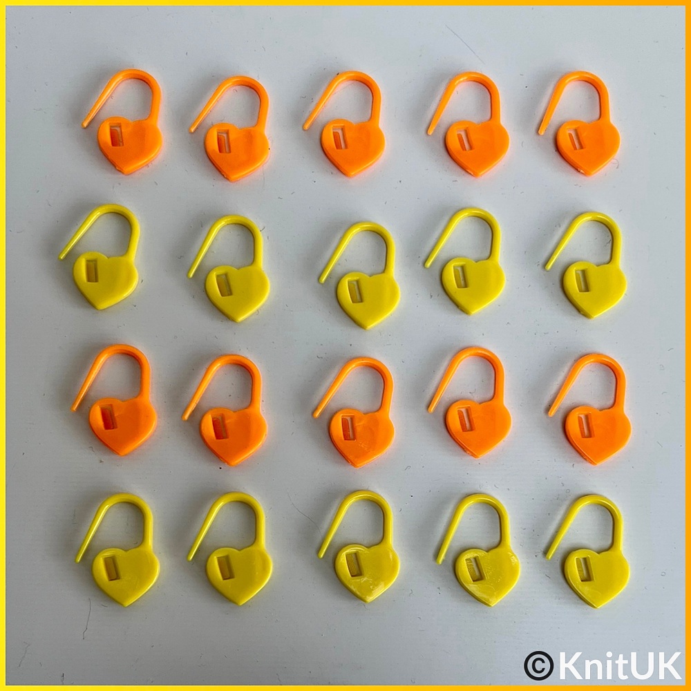KnitUK Stitch Markers. Heart Locking Stitch Markers. Orange & Yellow. Pack of 20.
