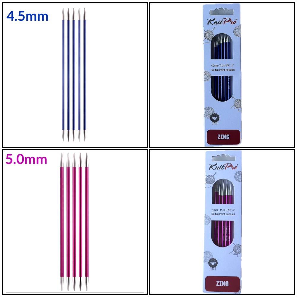 Knitpro zing 15cm double point knitting needles 4.5mm saphire 5mm ruby