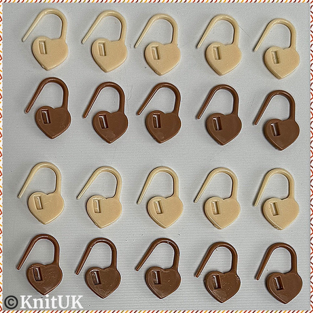 KnitUK Stitch Markers. Heart Locking Stitch Markers. Cafe Latte colours. Pack of 20.