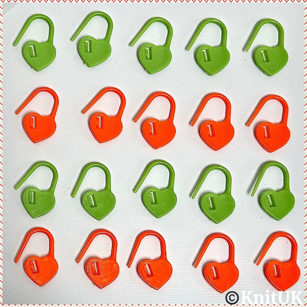 KnitUK Stitch Markers. Heart Locking Stitch Markers. Green & Neon. Pack of 20.