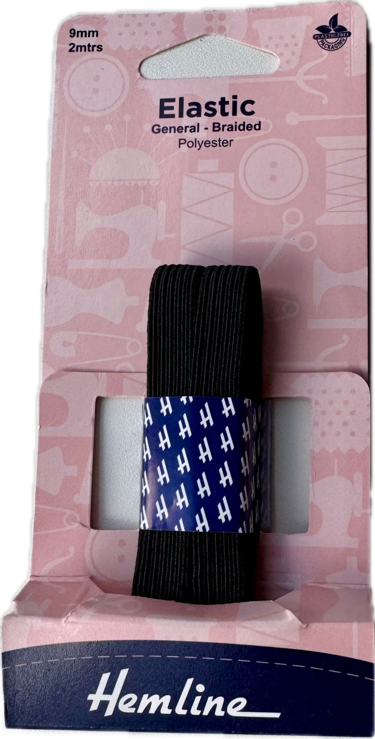 Elastic. General Purpose Braided Elastic: 2m x 9mm. Black (Hemline)