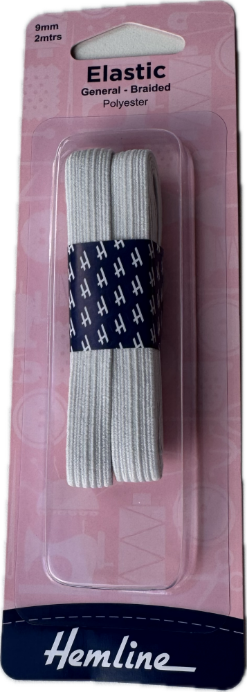 Elastic. General Purpose Braided Elastic: 2m x 9mm. White (Hemline)