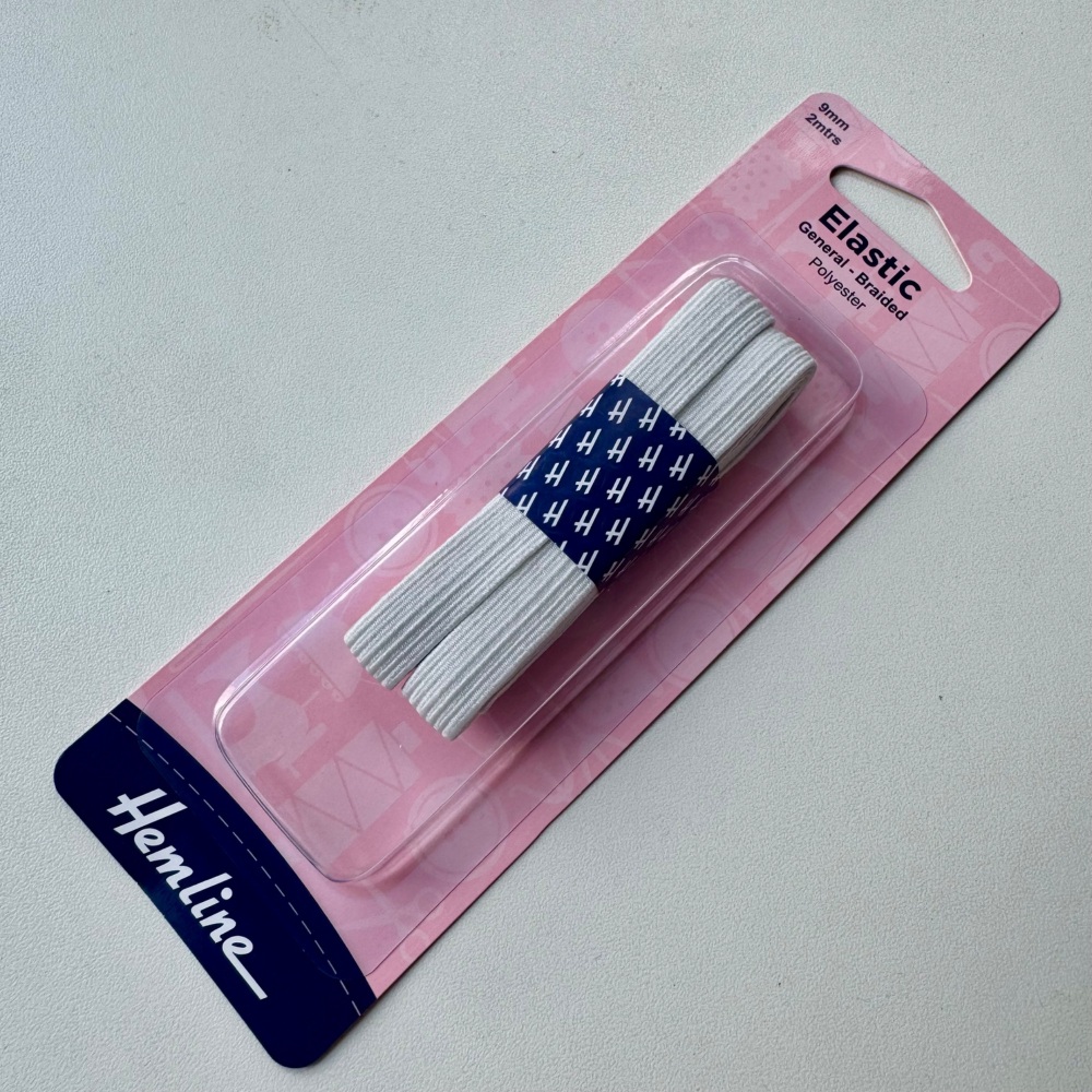 Elastic. General Purpose Braided Elastic: 2m x 9mm. White (Hemline)