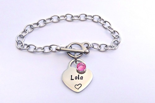 Hand Stamped personalised stainless steel charm padlock heart bracelet