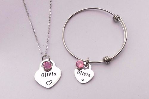 Personalised childrens heart bracelet and necklace set
