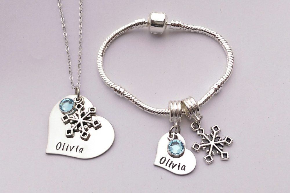 Personalised childrens snowflake bracelet and necklace set