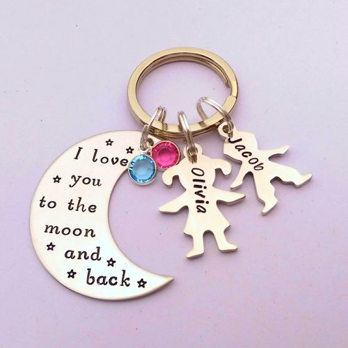 I love you to the moon and back keyring with boy/girl figures