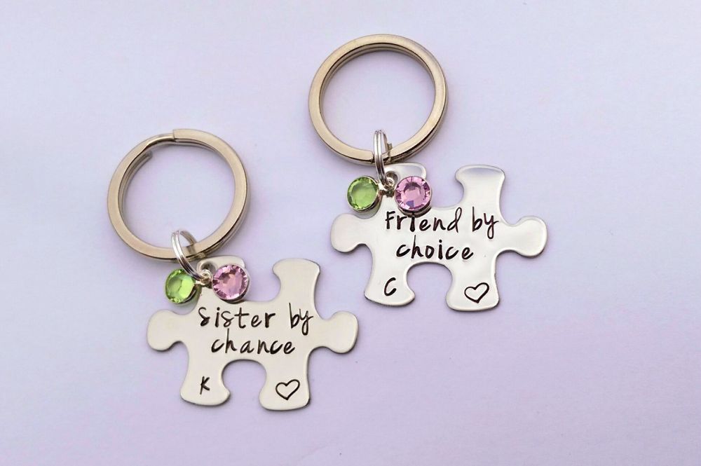 Sister by chance, friend by choice puzzle keyrings with birthstones