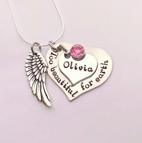 Hand stamped personalised Too beautiful for earth remembrance necklace with