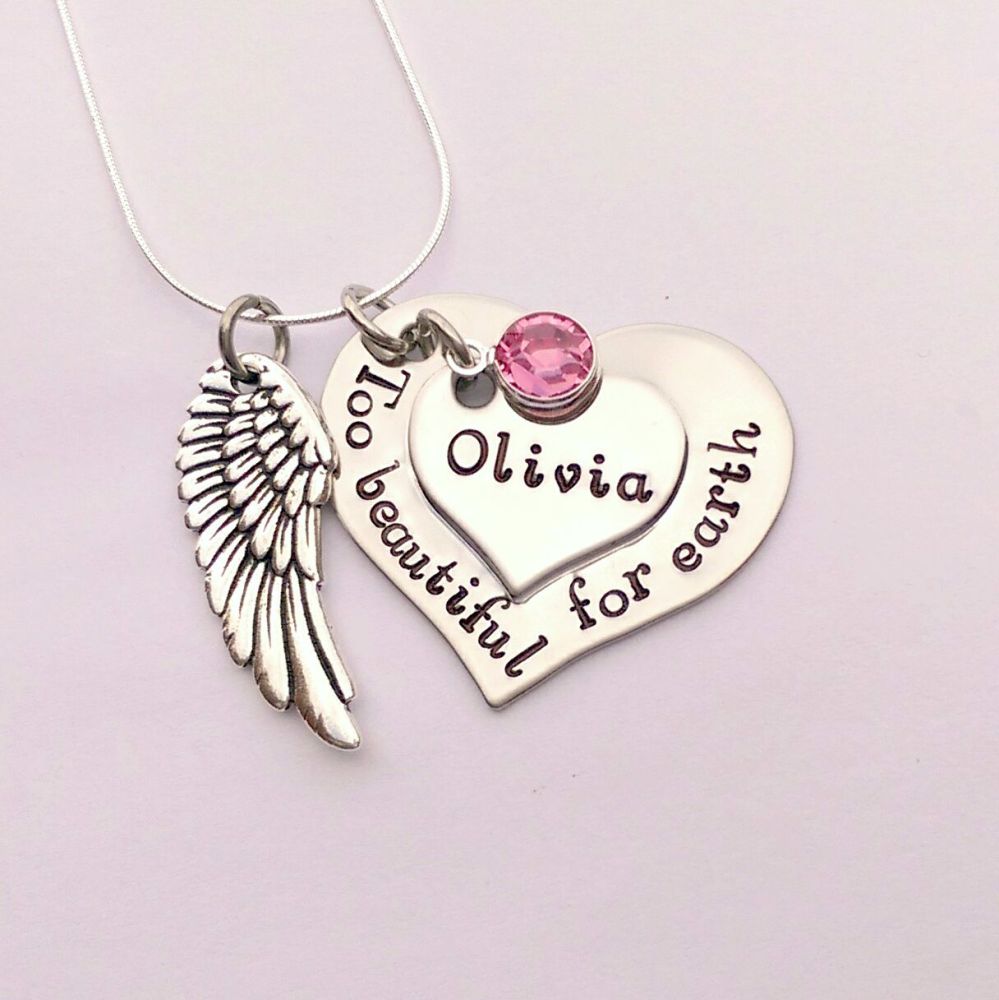 Hand stamped personalised Too beautiful for earth remembrance necklace with pewter wing charm