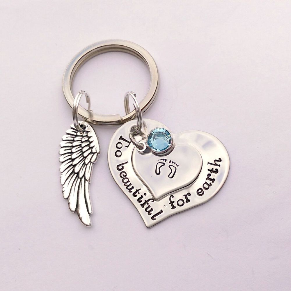Hand stamped personalised Too beautiful for earth remembrance keyring with pewter wing charm
