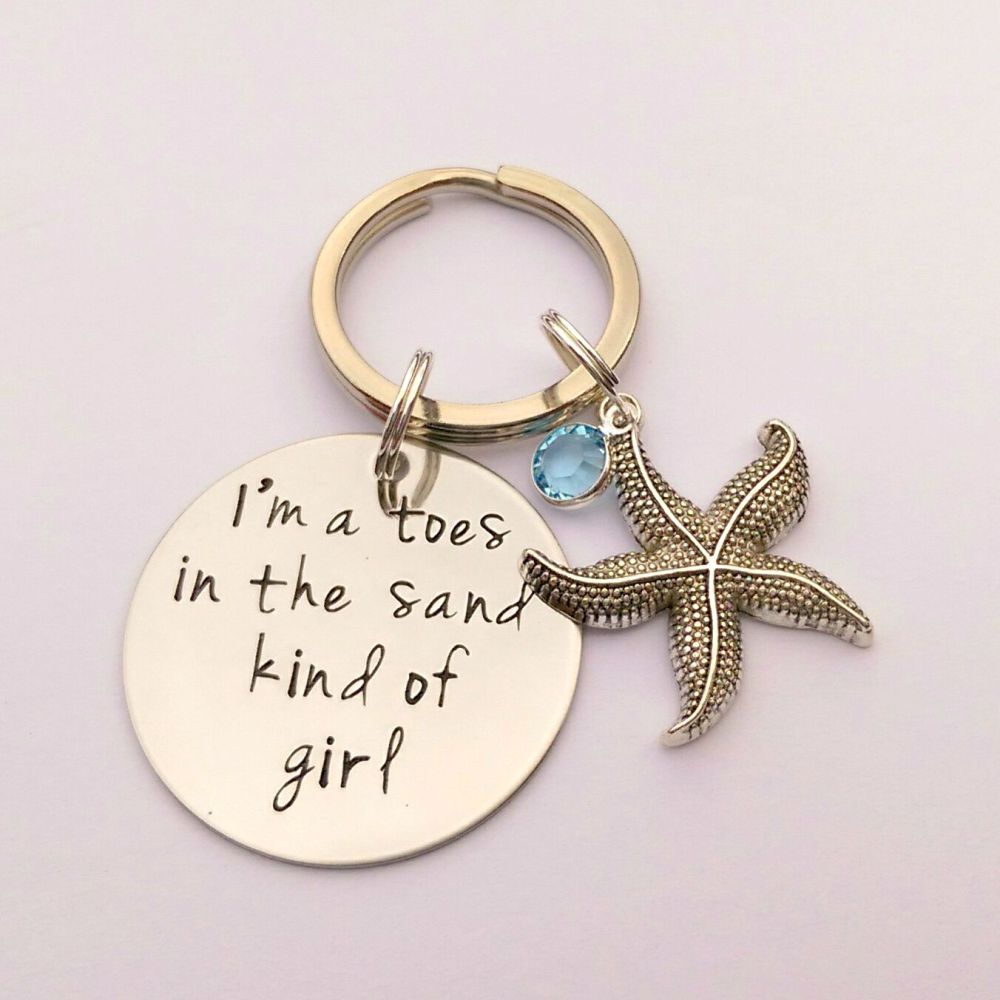 Hand Stamped I'm a toes in the sand kind of girl keyring