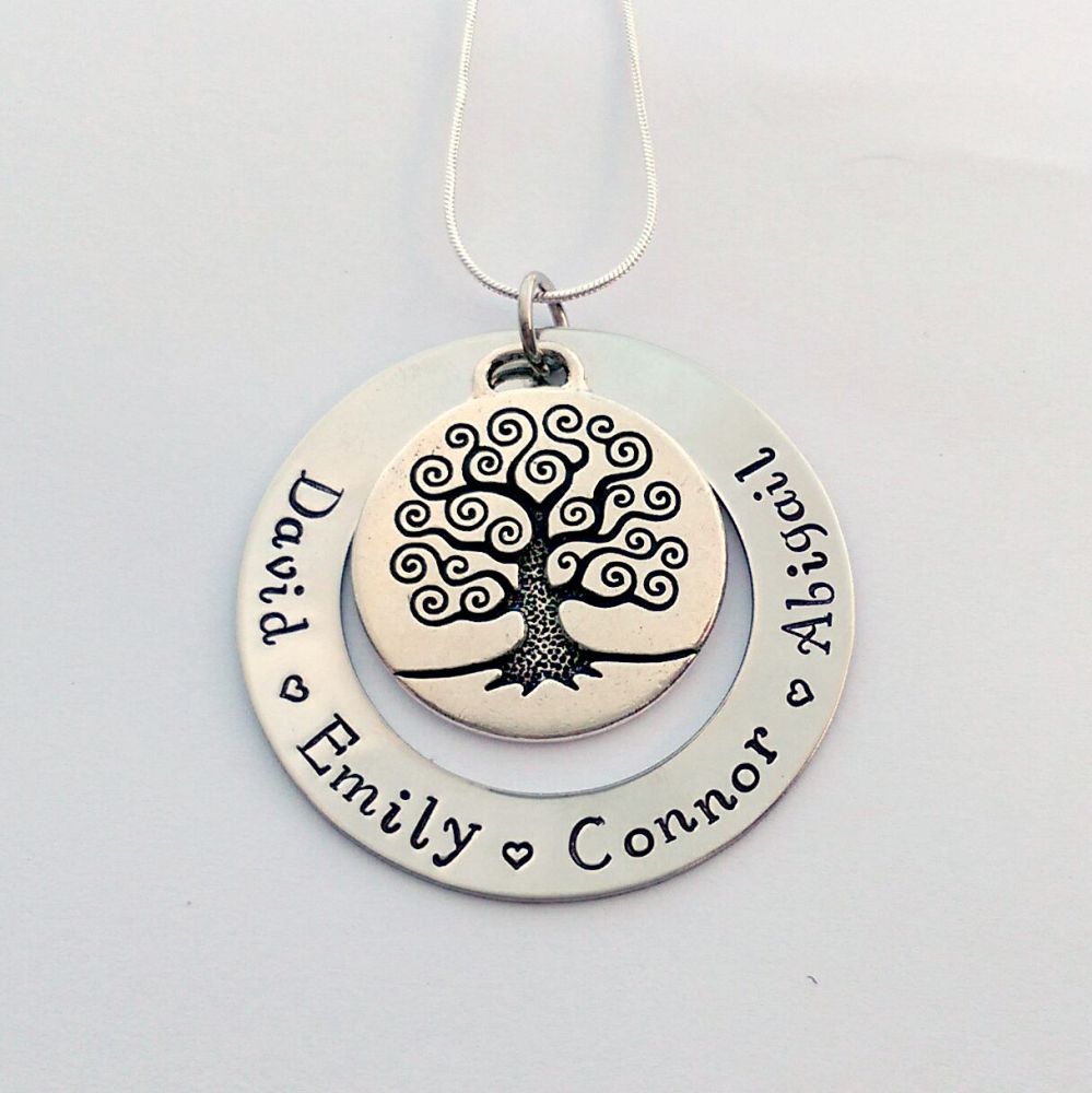 Personalised Large family tree washer necklace with pewter family tree charm