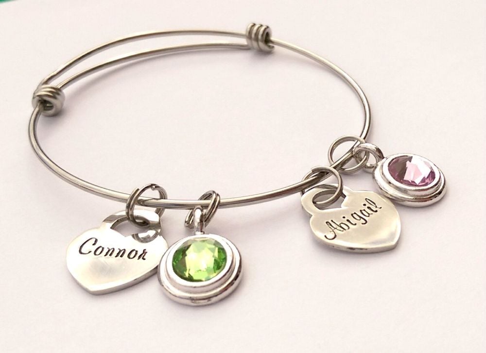 Personalised adjustable stainless steel bracelet with large birthstone charms
