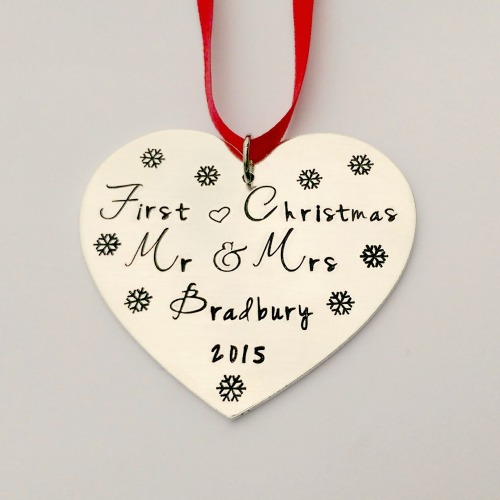 Hand Stamped personalised Couples first Christmas tree decoration ornament