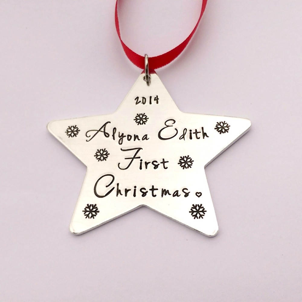 Hand Stamped personalised Babys first christmas Star Christmas tree decorat