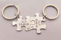 Personalised puzzle jigsaw piece Initial and date keyrings