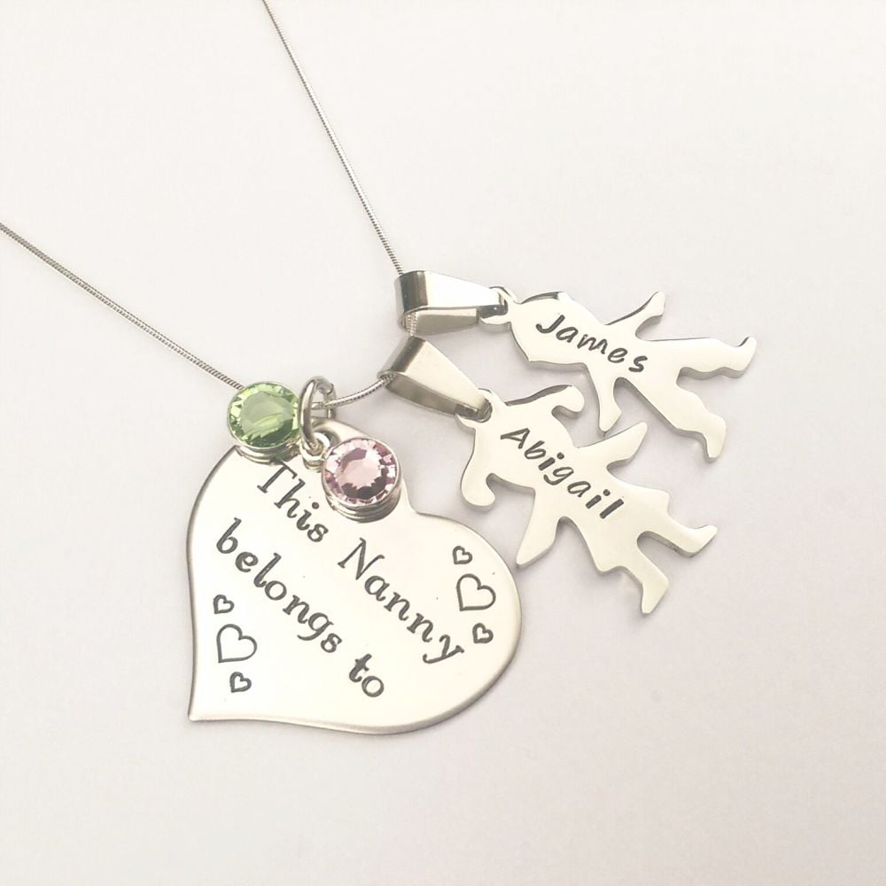 Personalised This Nanny Belongs to necklace, with boy and girl figures