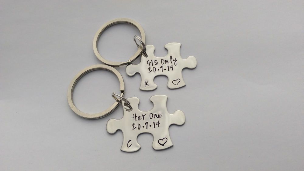 Her One, His Only personalised puzzle jigsaw piece hand stamped keyrings