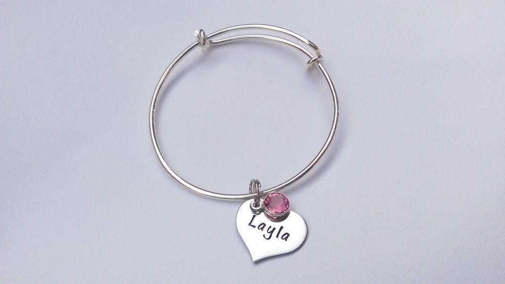 Hand stamped personalised childrens adjustable stainless steel charm bracel