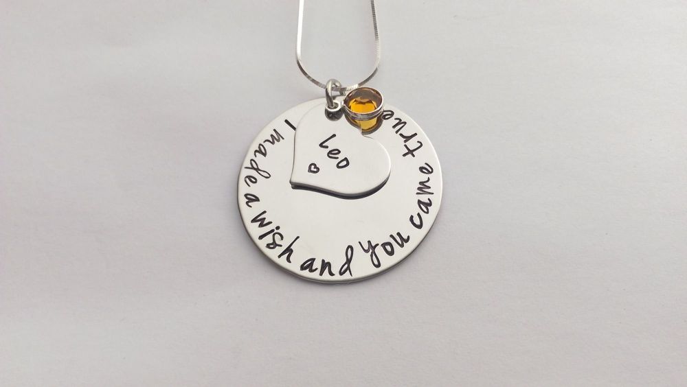 Hand stamped personalised I made a wish and you came true circle necklace (