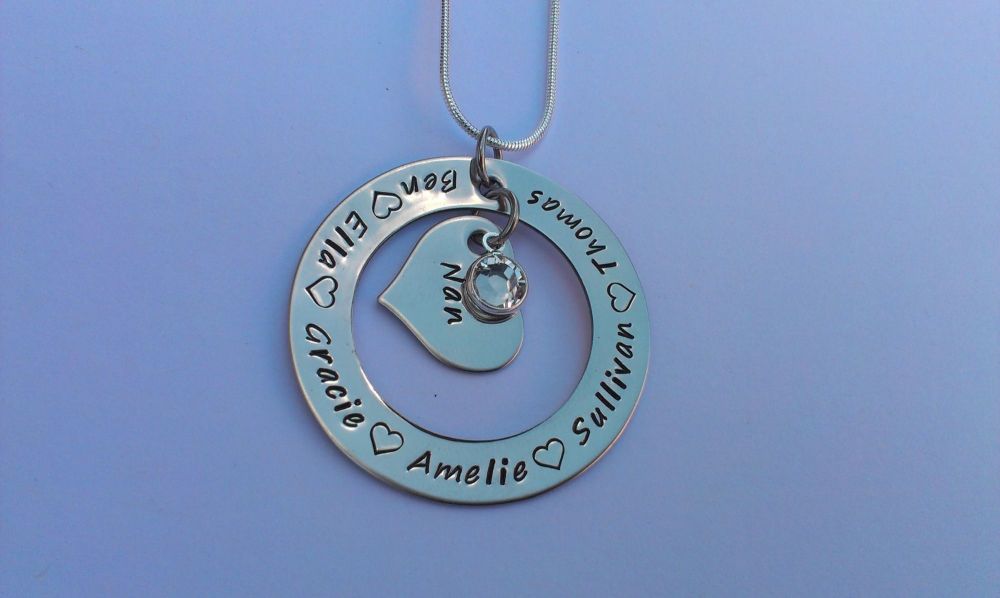 Hand stamped personalised Large round washer pendant with small inside hear