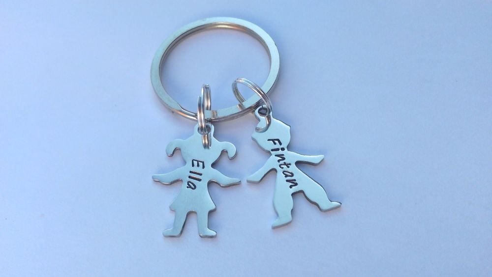 Hand Stamped personalised Boy Girl figure silhouette name keyring
