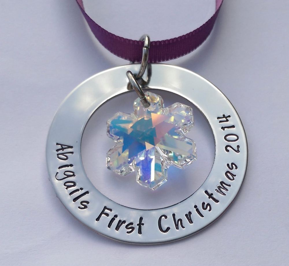 Hand Stamped personalised large washer Christmas tree decoration ornament with swarovski crystal snowflake charm