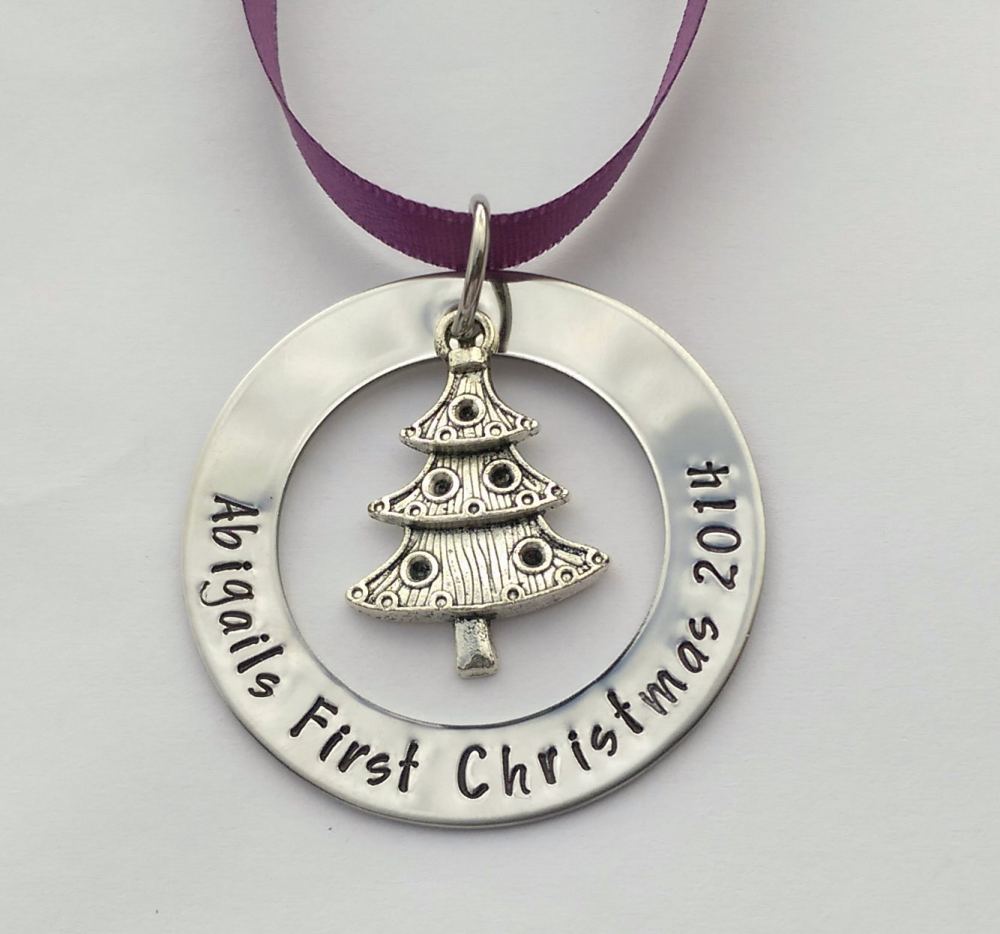 Hand Stamped personalised large washer Christmas tree decoration ornament with tibetan silver charm