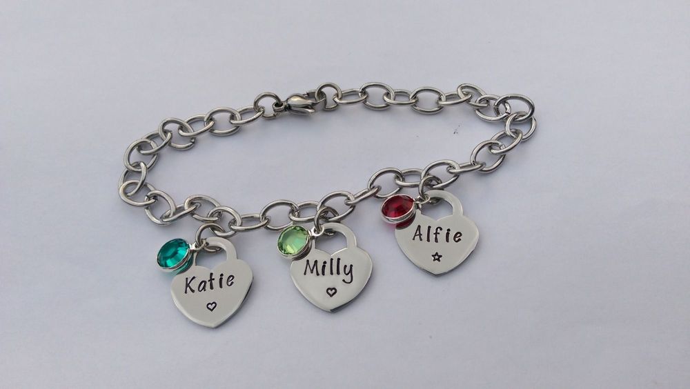 Hand Stamped personalised stainless steel charm bracelet with tiffany style heart charms