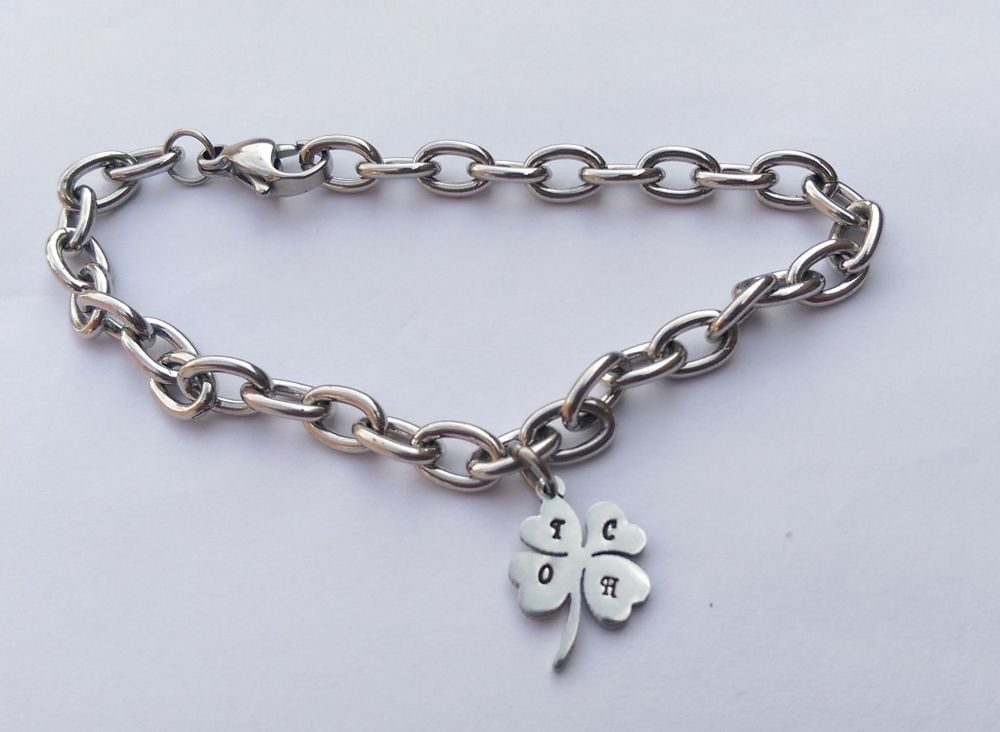 Hand Stamped personalised stainless steel four leaf clover charm bracelet